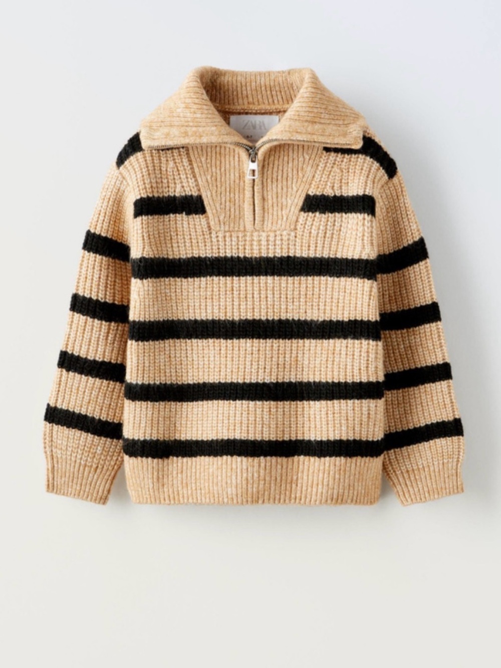 Zara girl 13/14  Beige and Black Striped Zip-Neck Sweater like new